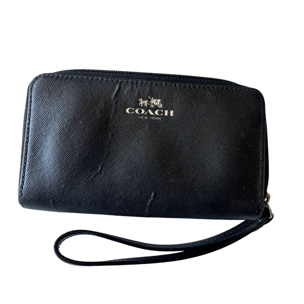 Coach Black Crossgrain Leather Small Corner Zip Wristlet Bag Wallet *FLAW*